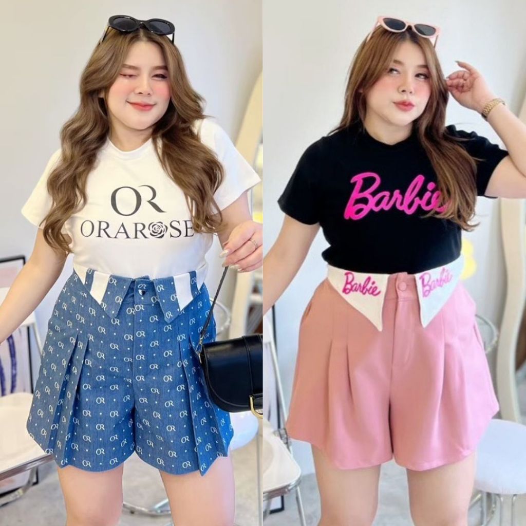 ชุดเซท ชุดเซทสาวอวบ เสื้อยืด+กางเกงยีนส์/กางเกงเปเป้เอวพับ ขาสั้น ชุดเซทสไตล์คาเฟ่ ออกงานได้ ใส่น่ารักๆ ใส่ไปแคมป์ปิ้ง