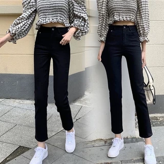 กางเกงยีนส์ผู้หญิง เอวสูง ทรงเดฟยืด-ทรงบอยสลิม สีดำ/สีฟ้า ไซส์ S-4XL ใส่ทำงานได้ ใส่เที่ยวได้ ดำเรียบ 🚚พร้อมส่ง🚚