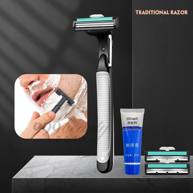 razor blades มีดโกนหนวดแบบแมนนวล 1ใบ + ใบมีด 12ใบ + ครีมโกน คมสำหรับการกำจัดขน ทำความสะอาดง่ายB0214