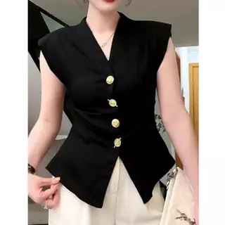 เสื้อผ้าวูลเวฟ สไตล์เกาหลี แขนล้ำคอวีแต่งจีบข้างกระดุมหน้า A5368