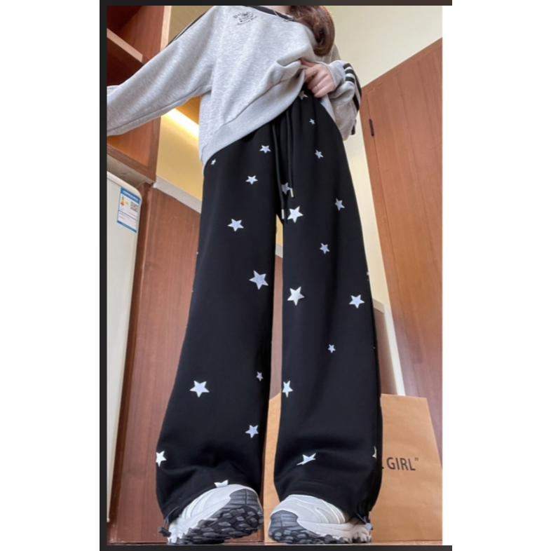 MISSYO กางเกงวอร์มดาว กางเกงขากว้างผู้หญิง กางเกงเอวสูง ลำลอง ทรงหลวม ผ้าคุณภาพสูง - รูปที่ 5