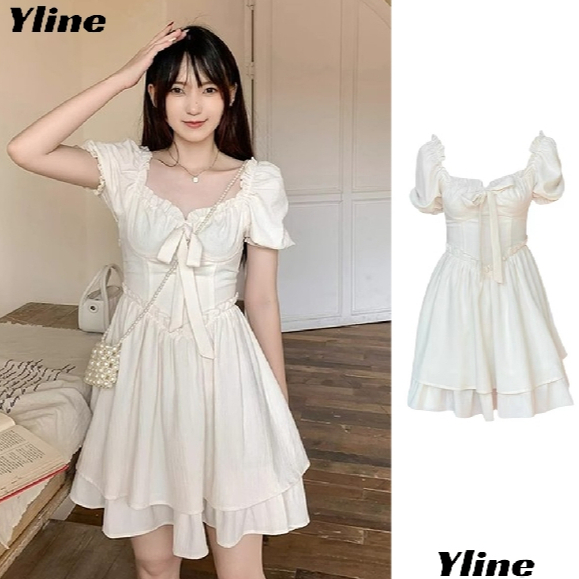 YLINE หญิงสาวฝรั่งเศสยุคโบราณปกสีแอปริคอทไม้ผีเสื้อลูกไม้กระโปรงสีขาวกระโปรงสั้น