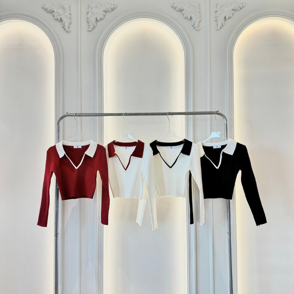 Collared Crop-เสื้อครอปแขนยาวไหมพรม คอปก แหวกอก รุ่นT69 - Mesave