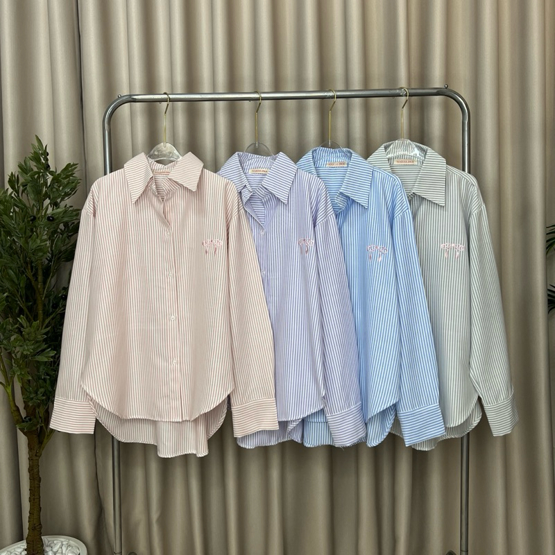 Mariss.bkk - เชิ้ตแขนยาวลายริ้วปักโบว์ Women Clothing M31 “Ribbon shirt”