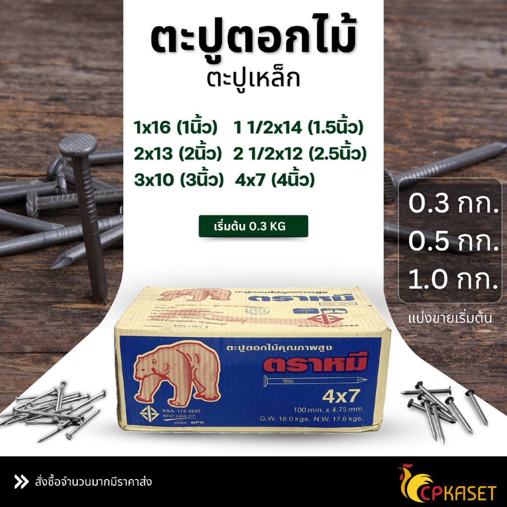 ตะปูตอกไม้ ตะปูเหล็ก แบ่งขาย 0.3kg 0.5kg 1.0kg ตราหมี