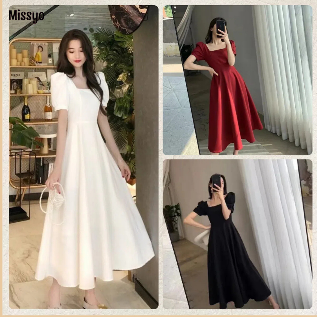 Missyo ชุดเดรสยาวแขนสั้นคอเหลี่ยม ใส่ออกงานได้ มีกระเป๋าข้าง สีพื้น 3 สี สง่างาม