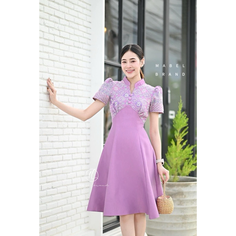 ส่งต่อชุดผ้าไทย Mabel band สีชมพูม่วงๆ