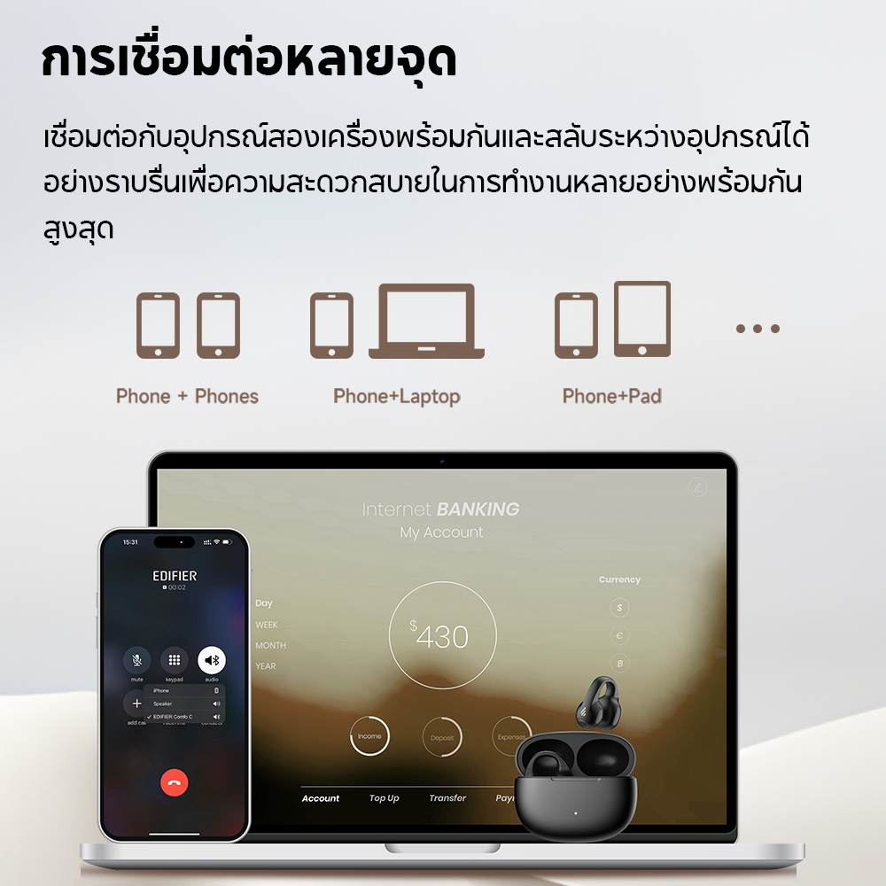 EDIFIER Comfo C หูฟังไร้สายแบบ True Wireless บลูทูธ V5.4，IP56，เล่นได้นาน 28hrs