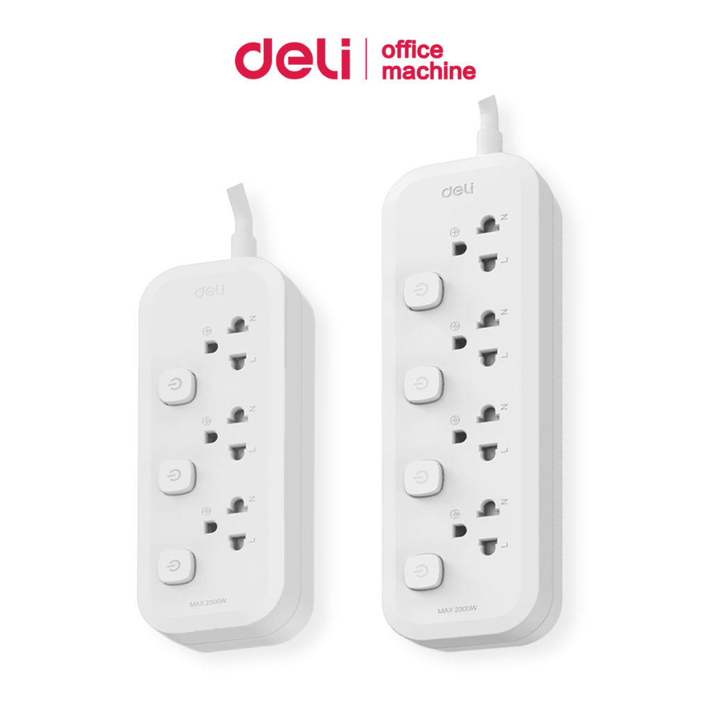 Deli ปลั๊กไฟ ปลั๊กพ่วง ยาว3เมตร 3-4ช่อง มีสวิตซ์ทุกช่อง ตัดไฟอัตโนมัติ ปลอดภัยมีมอก.Power Socket
