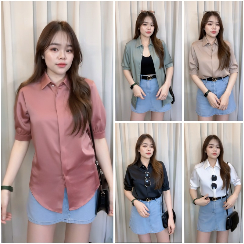 D016 เสื้อเชิ้ตผ้าซาตินพรีเมี่ยมแขนสั้น งานซ่อนกระดุม แต่งกระดุมเพชร มี 7 สี งานพร้อมส่ง