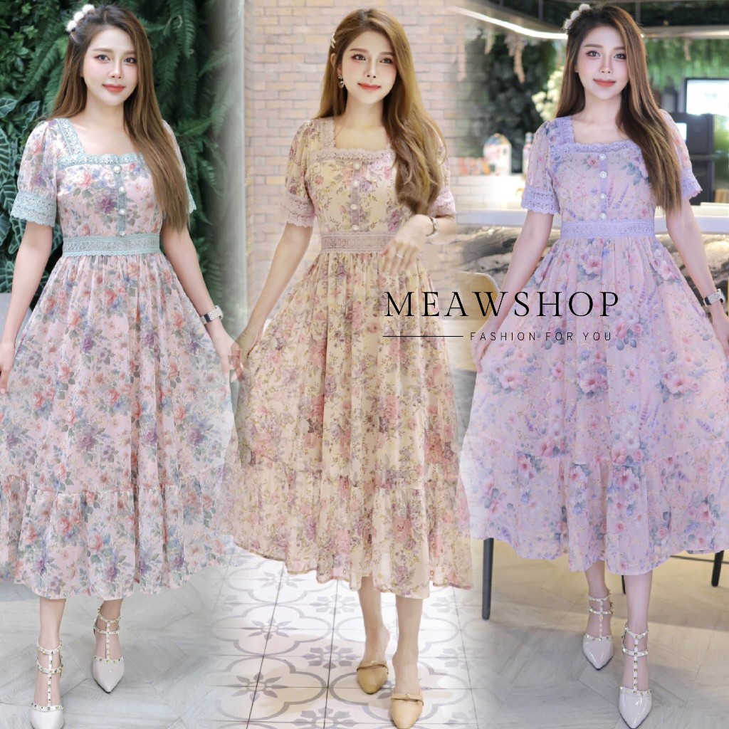 มี4สีค่ะ Maxidress สไตล์วินเทจ เนื้อผ้าชีฟองฉลุปักลูกไม้ทั้งตัว S-2XL เดรสลายดอก ชุดใส่ไปเดท เดรสยาว เดรสชีฟอง PATCHA