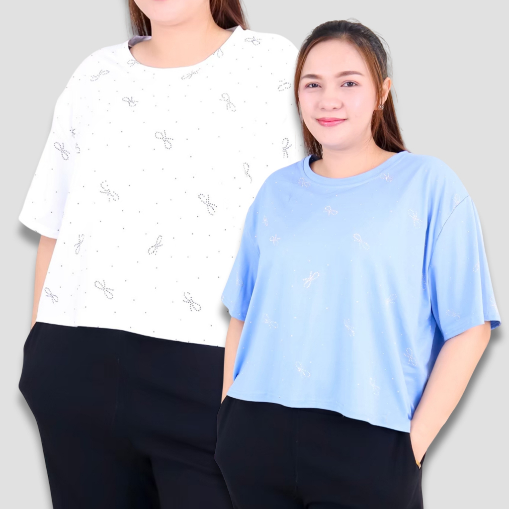 315# เสื้อครอป คอกลม แขนสั้น เสื้อยืดไซส์ใหญ่ อก 50-60 นิ้ว ใส่ได้ ตกแต่งเพรชลายโบว์ ผ้าคอตตอนผสม