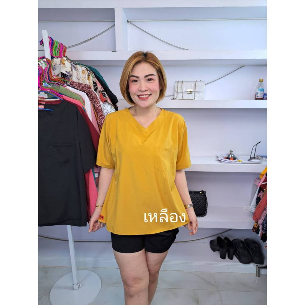 ข59///เสื้อคอวีสีพื้นมีกระเป๋าแขนสั้น ผ้าไหมอิตาลี ฟรีไซ38-46นิ้ว ยาว27นิ้ว หน้าผ้า46นิ้ว ราคา119บาท