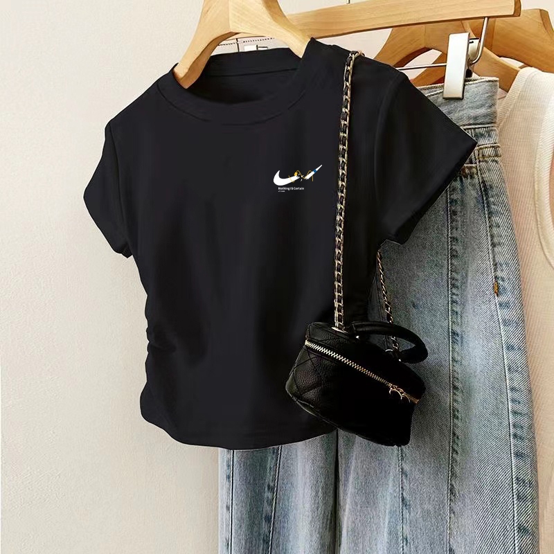 พร้อมส่ง เสื้อยืดสวย ผู้หญิง เสื้อยืด แฟชั่น แขนสั้น คอกลมเสื้อสาวอวบ หลากสี เสื้อยืดรัดรูป