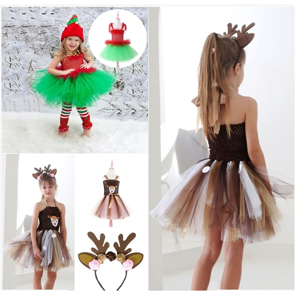 ชุดเดรสแซนตี้ Xmas Tutu สีเขียวแดง/สีน้ำตาล