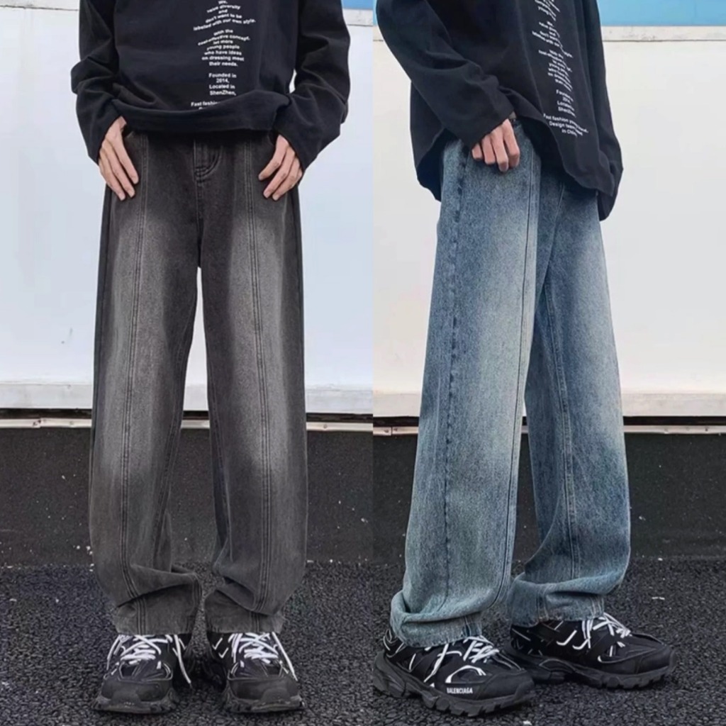 👖NEW👖กางเกงผู้ชาย ยีนส์ขากระบอก เอวสูง ทรงหลวม ใส่สบาย แบบเรียบง่าย ย้อนยุค แฟชั่นฤดูใบไม้ร่วง