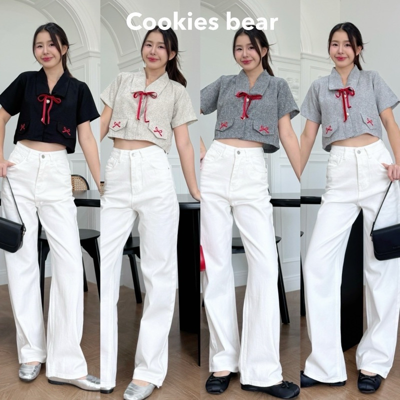 A153 - Cookies Bear เสื้อเชิ้ตแขนสั้นผ้าทวีตคอปกยาว กระดุมมุกเงิน ปัก 2 ข้าง
