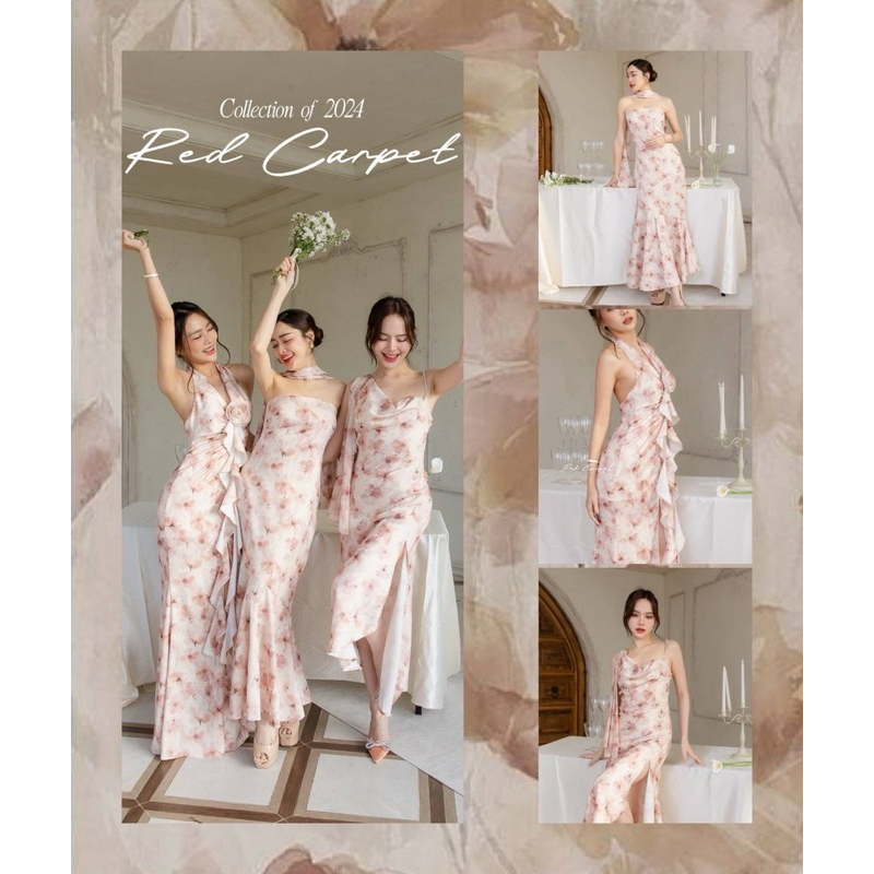 Red Carpet Special Floral ຊຸດເດຣສ ຜ້າ Satin ພິມລາຍດອກໄມ້ ໂທນຊົມພູ-ຄຣີມ (S/M/L/XL) ຊຸດເພື່ອນເຈົ້າສາວ