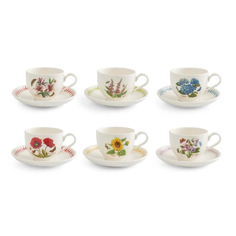 Portmeirion Botanic Garden Meadow Set of 6 Teacups & Saucers, Assorted 200ml