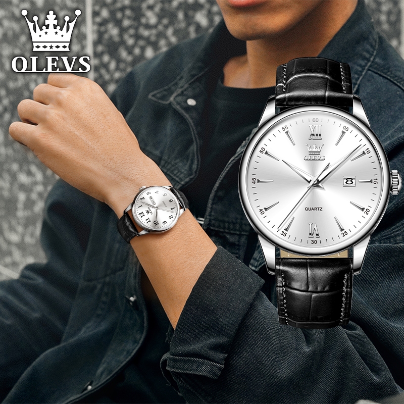 OLEVS นาฬิกาข้อมือผู้ชาย สายหนังสีดำ กันน้ํา 100% แท้ เรียบง่ายและมีสไตล์ นาฬิกาควอตซ์ ปฏิทิน ธุรกิ นาฬิกาผู้ชาย
