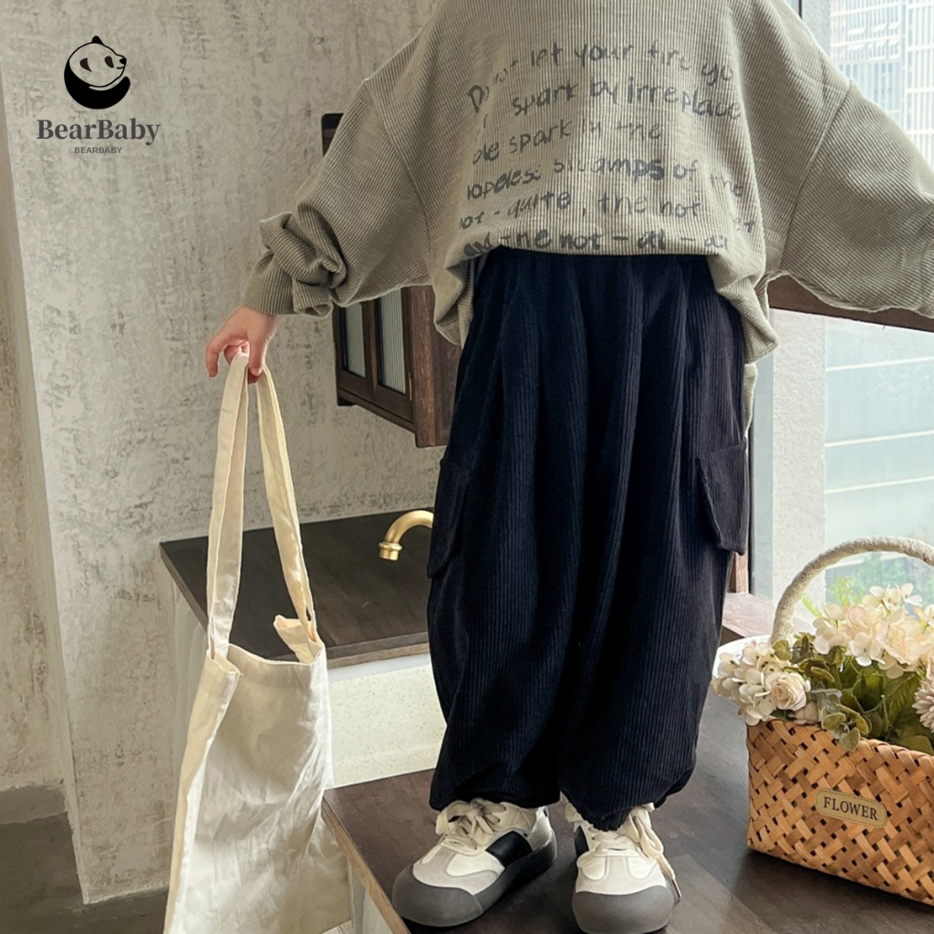 กางเกงคาร์โก้เด็กหญิง กางเกงขายาวเด็ก สีพื้น มีสายเชือก พร้อมกระเป๋า ไซส์ 80-120