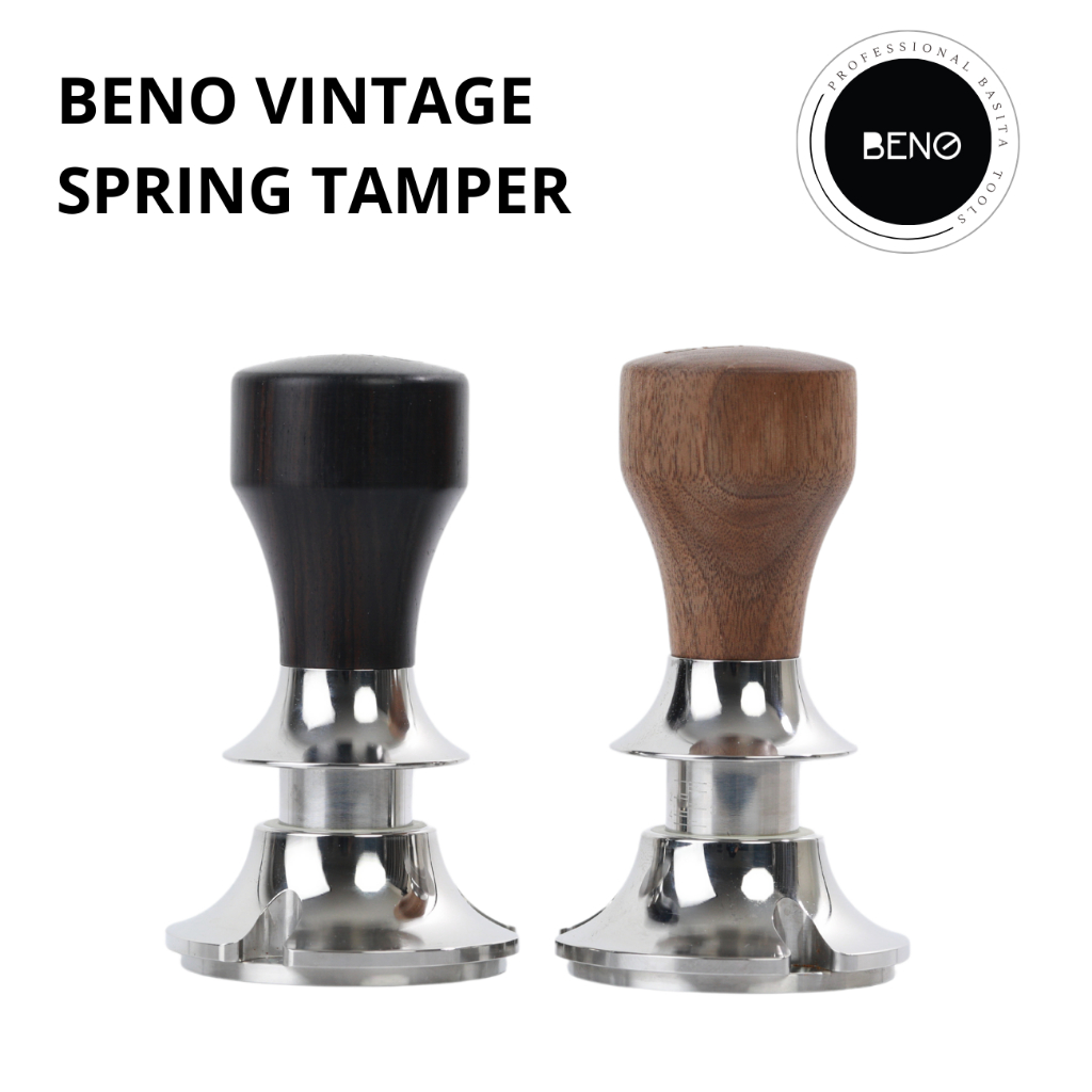 BENO Vintage Spring Tamper แทมป์เปอร์กดกาแฟแบบสปริงด้ามไม้วอลนัทและไม้อาฟริกา มีบ่าปรับระดับความลึกได้ ทรงกระชับจับถนัด