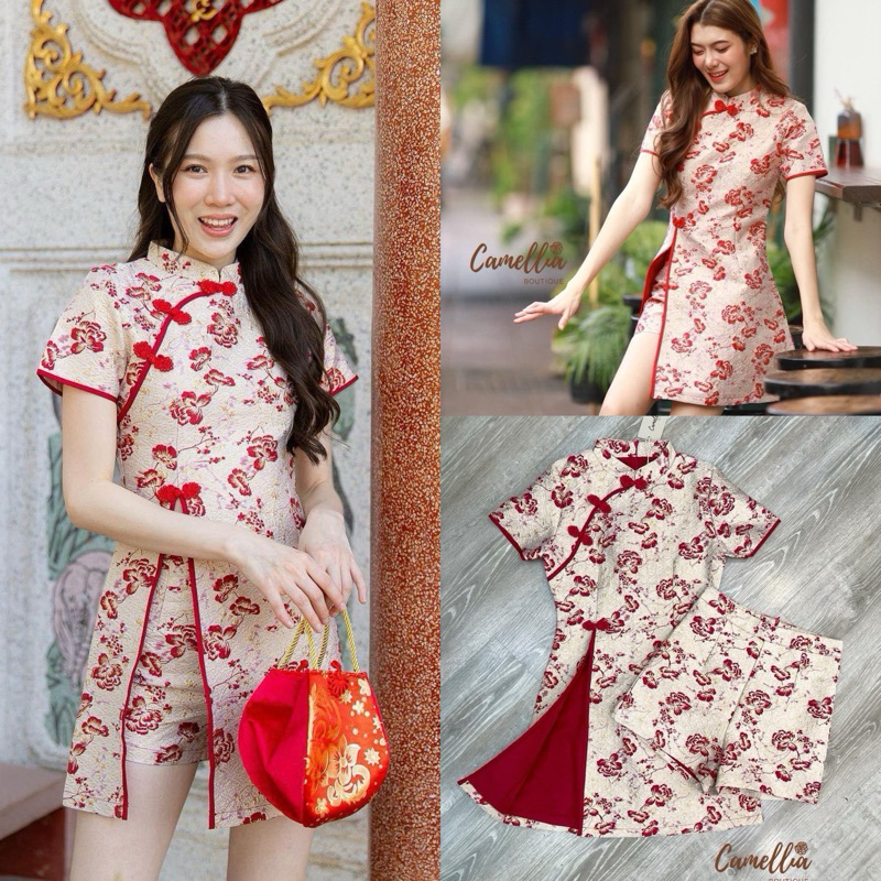 พร้อมส่ง ชุดกี่เพ้า ชุดตรุษจีนชุดSet เสื้อกี่เพ้าผ้าทอลายดอกโทนสีแดงทอง แต่งกระดุมสีแดงสวยลงตัวมากคะ + กางเกงขาสั้น