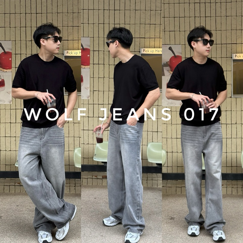 017 Wolf jeans (890.-) กางเกงยีนส์ผู้ชายทรงขากระบอกใหญ่ สีเทา ผ้ายีนส์นิ่ม ใส่สบาย