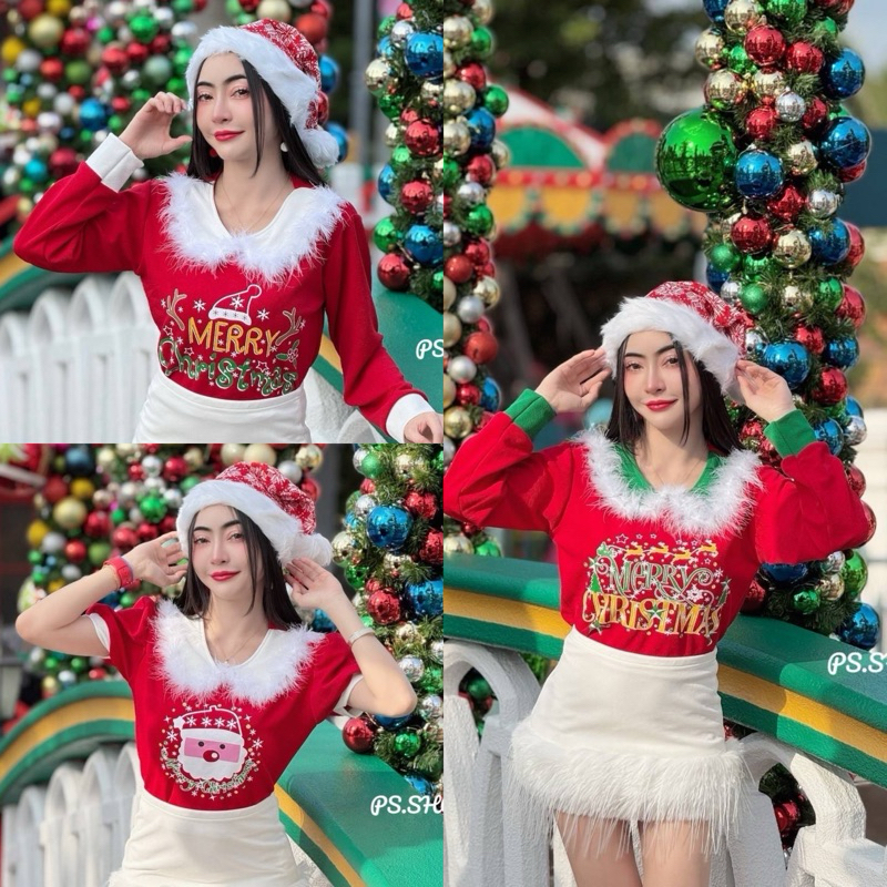 ต้อนรับ Merry Christmas. ครอปคอบัวแต่งขน แขนสั้น แขนยาว