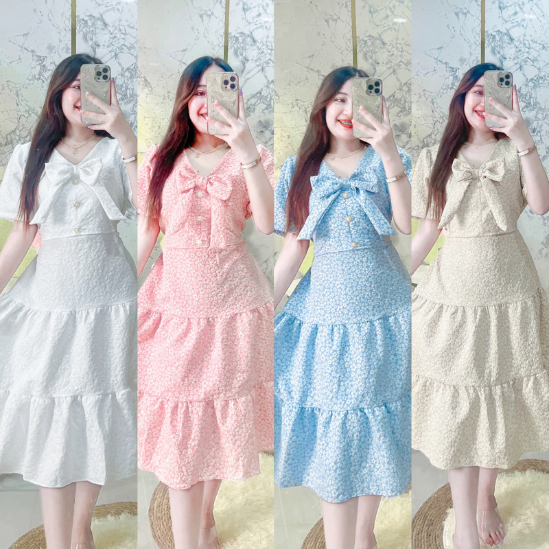 SP SHOP ลายใหม่ เดรสผ้าลักชูแต่งโบว์หน้ากระโปรง3ชั้น สวยหรูดูแพงมากจ้า i87