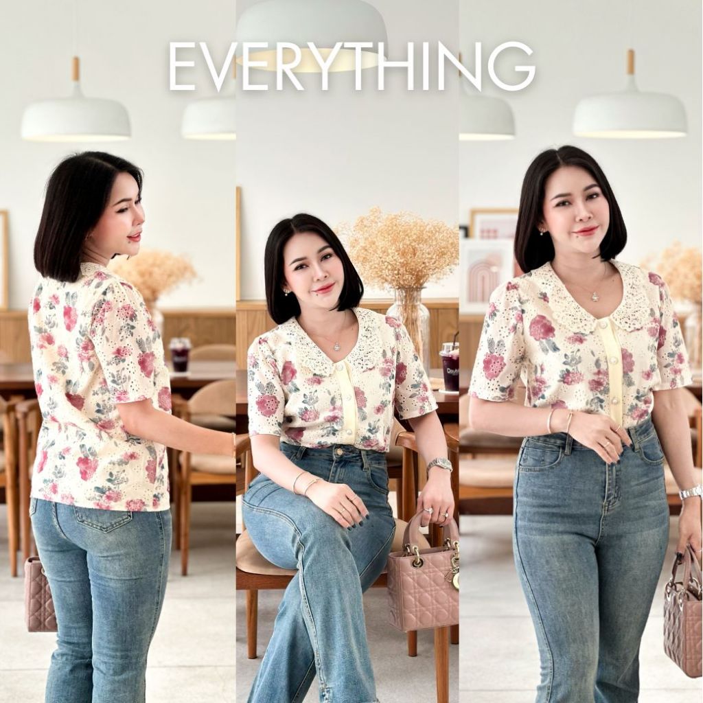 Everything2019 เสื้อลูกไม้แขนสั้น ใส่งานบุญ งานบวช มีไซซ์ XS-3XL หน้าผ้า 36-48 (802)