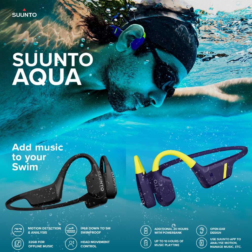 SUUNTO AQUA - หูฟังออกกำลังกาย ว่ายน้ำ Multi-Sports เทคโนโลยี Bone Conduction กันน้ำ IP68 MP3 หน่วยความจำ 32GB