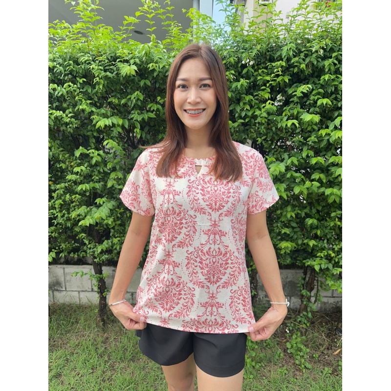 เสื้อคอหยดน้ำ ลายไทย ผ้าไหมอิตาลีอก40-50