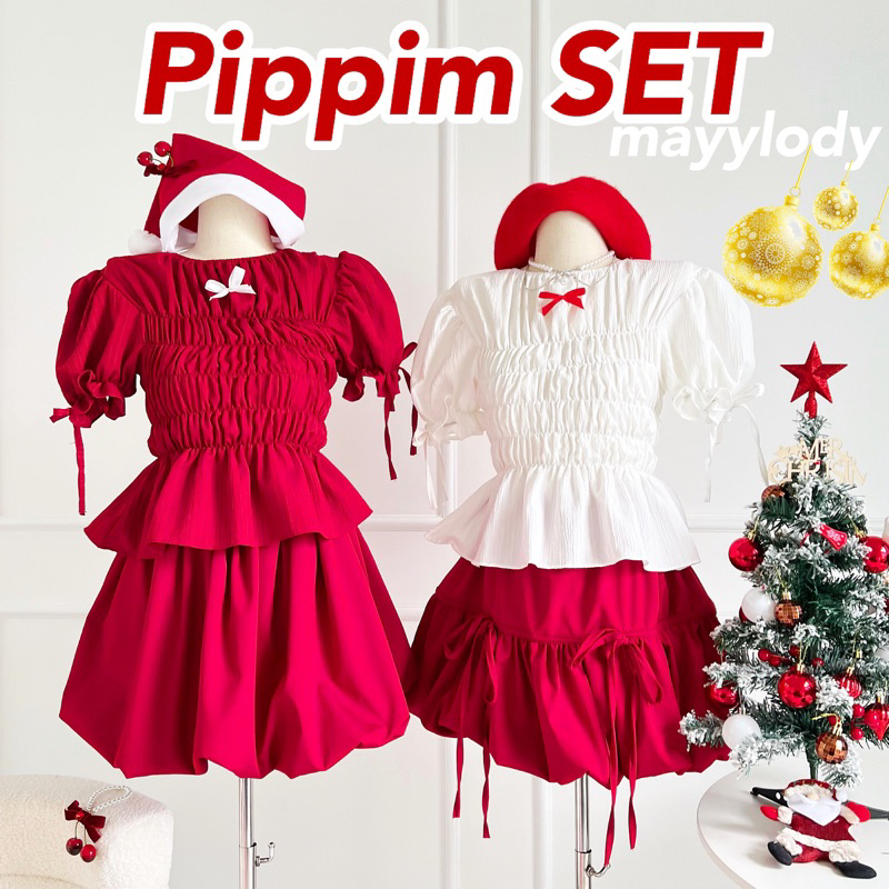 mayylody Pippim SET ชุดเซ็ต เสื้อครอป สม็อคย่น+ กระโปรงบอลลูน ชุดคริสมาส / ชุดสีแดง / เสื้อสีแดง น่ารัก