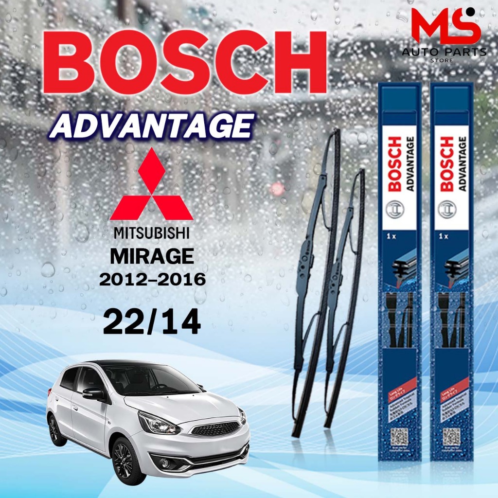 BOSCH ใบปัดน้ำฝน แบบก้านเหล็ก ( 2 ชิ้น ) ขนาด 22/14 MITSUBISHI MIRAGE ปี 2012-2016  รุ่น Advantage