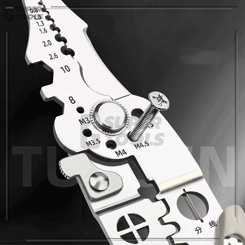 คีมปอกสายไฟ ใช้เครื่องปอกสายไฟ เครื่องตัดลวดเกรดอุตสาหกรรม ตัดสายอ่อนและแข็ง สามารถใช้เป็นประแจได้ด้วย มีความแข็งสูง
 - รูปที่ 6