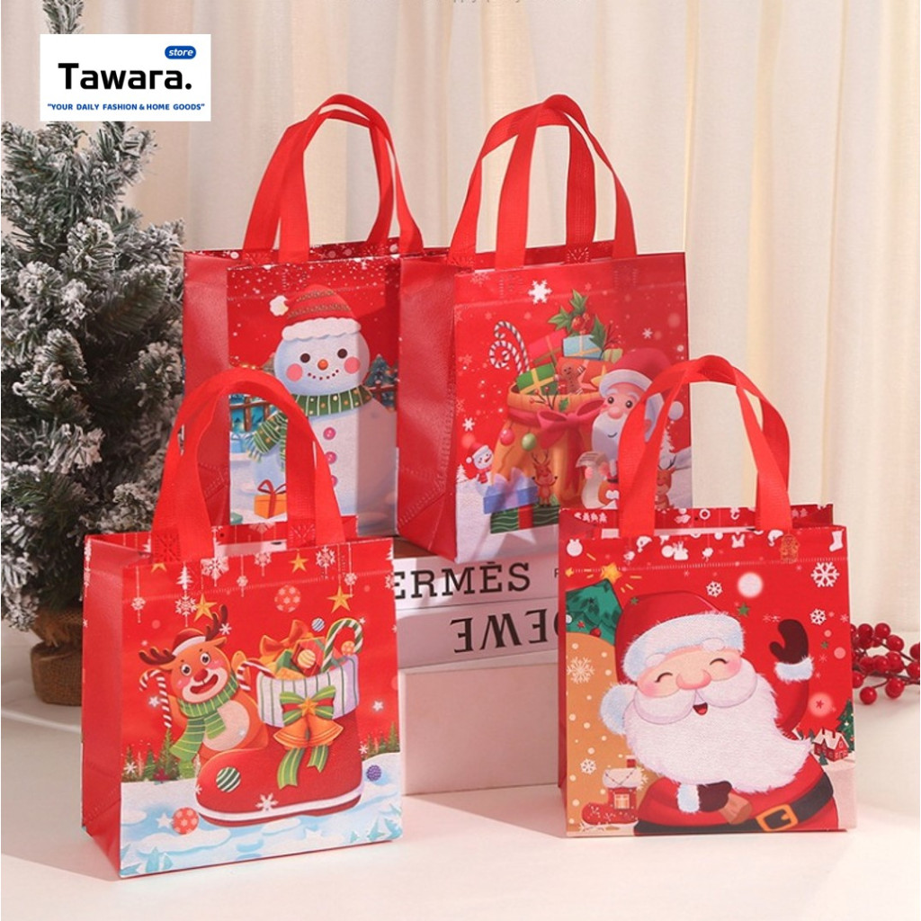 P-196 Christmas ถุงผ้าไม่ทอ พับได้ ถุงใส่ของขวัญ สีแดง ลายการ์ตูน คริสต์มาส น่ารัก ซานตาคลอส สโนว์แมน เรนเดียร์ ปีใหม่
