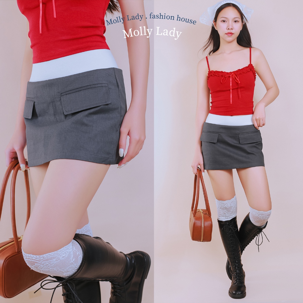Molly Lady กระโปรงสั้น Mini skirt มินิสเกิร์ต ผ้ายีนส์ เอวยืด ขอบสองชั้น มีกระเป๋าและซับใน