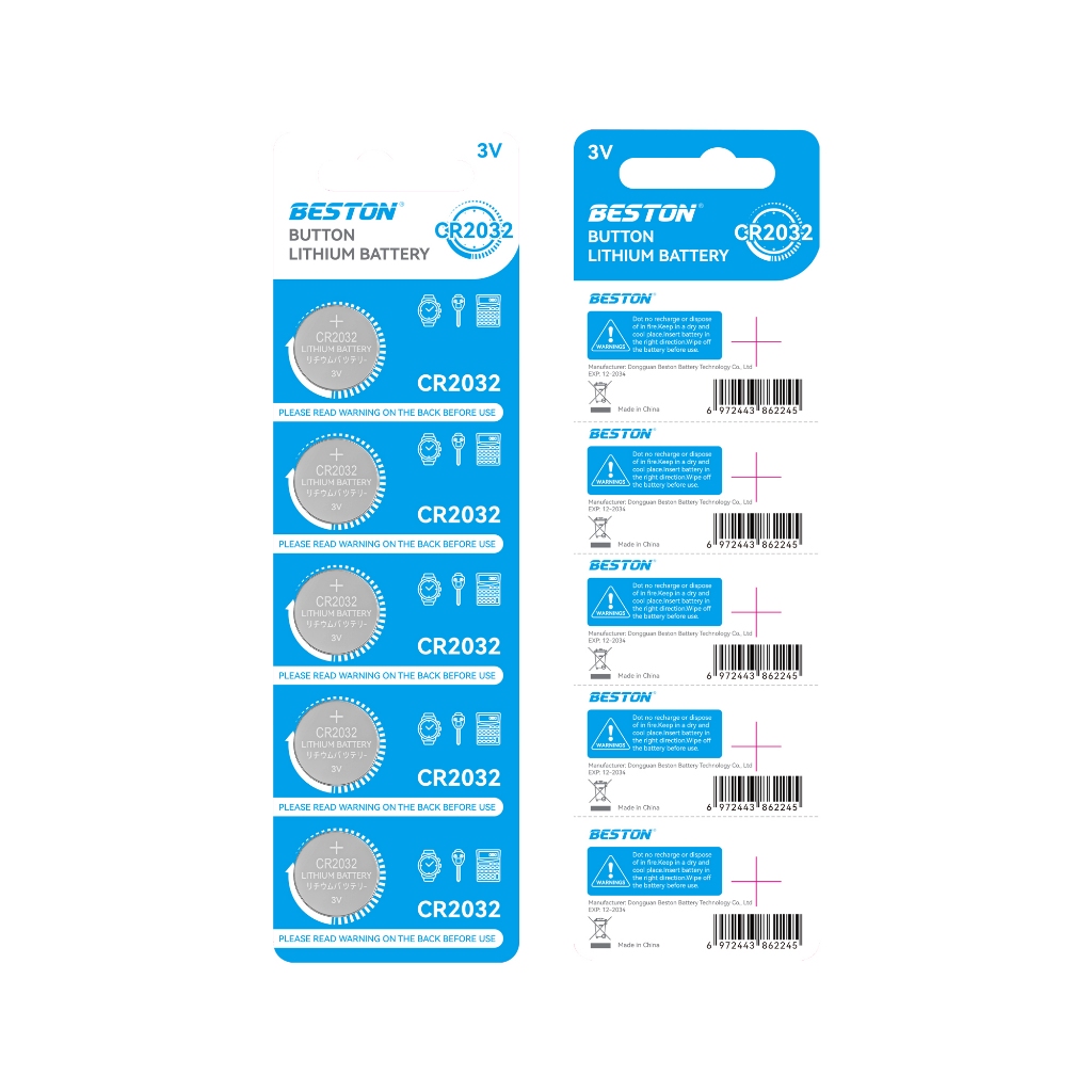 ถ่านกระดุม BESTON  CR2032 Lithium Battery  3V  ของแท้ ของใหม่ 1 แผง 5 ก้อน