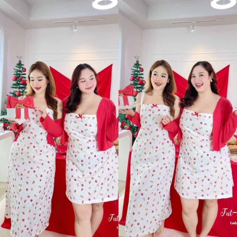 FB Dress Set เดรสสายเดี่ยว ผ้าครัชพิมพ์ลายคริสมาส +เสื้อคลุมแขนยาวสีแดง ไซส์ใหญ่ สาวอวบ