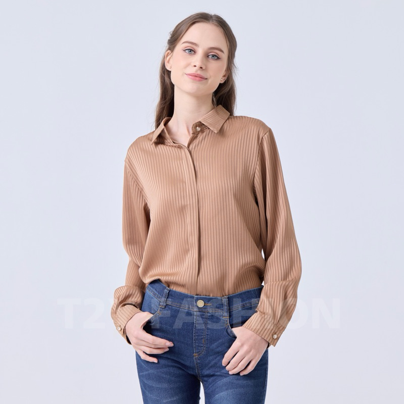 E1002 เสื้อเชิ้ตผ้าซาตินริ้วเกรดพรีเมี่ยม​ 13 สี แฟชั่นทำงาน งานซ่อนกระดุม เสื้อแฟชั่นเกาหลี​ แต่งกระดุมเพชร พร้อมส่ง