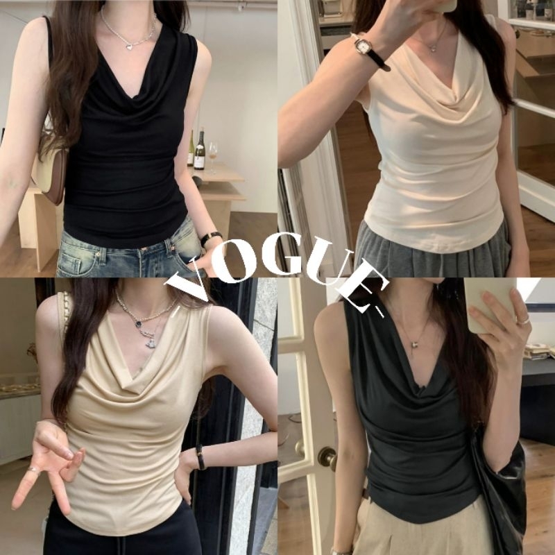 Vogue พร้อมส่ง เสื้อกล้าม สีพื้นดีเทลผ้าหยนเก๋ๆ สไตล์มินิมอล (FY9098)
