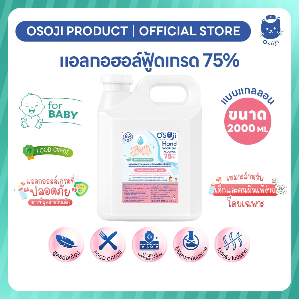 แอลกอฮอล์ 75% แบบแกลลอนขนาด 2000ml (2ลิตร) (สำหรับเด็ก)