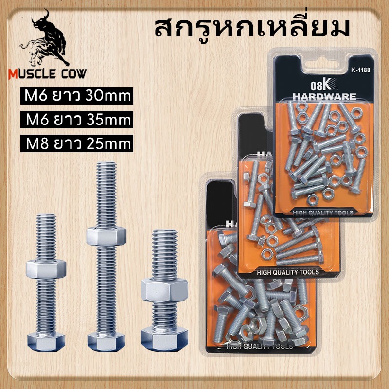 Muscle Cow (Set)สกรูหกเหลี่ยม น็อตหกเหลี่ยม M6 พร้อมน็อตตัวเมีย  แหวน+สปริง+ตัวเมีย สเตนเลส 304 เกลียวมิ