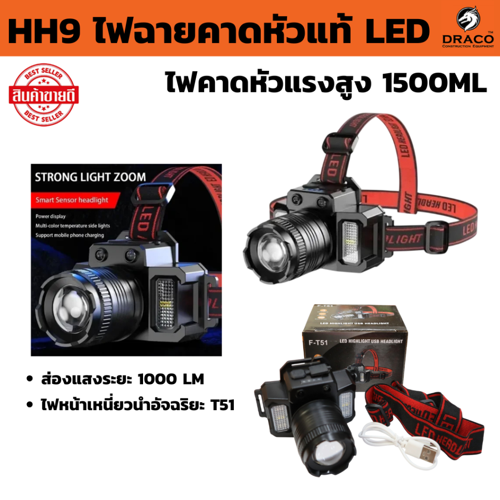 (HH9) ไฟฉายคาดหัวแท้LED ส่องแสงได้ไกล กันน้ำ ไฟคาดหัวแรงสูง 1500ML แบตอึด 48-72ชม ส่องแสงระยะ 1000LM