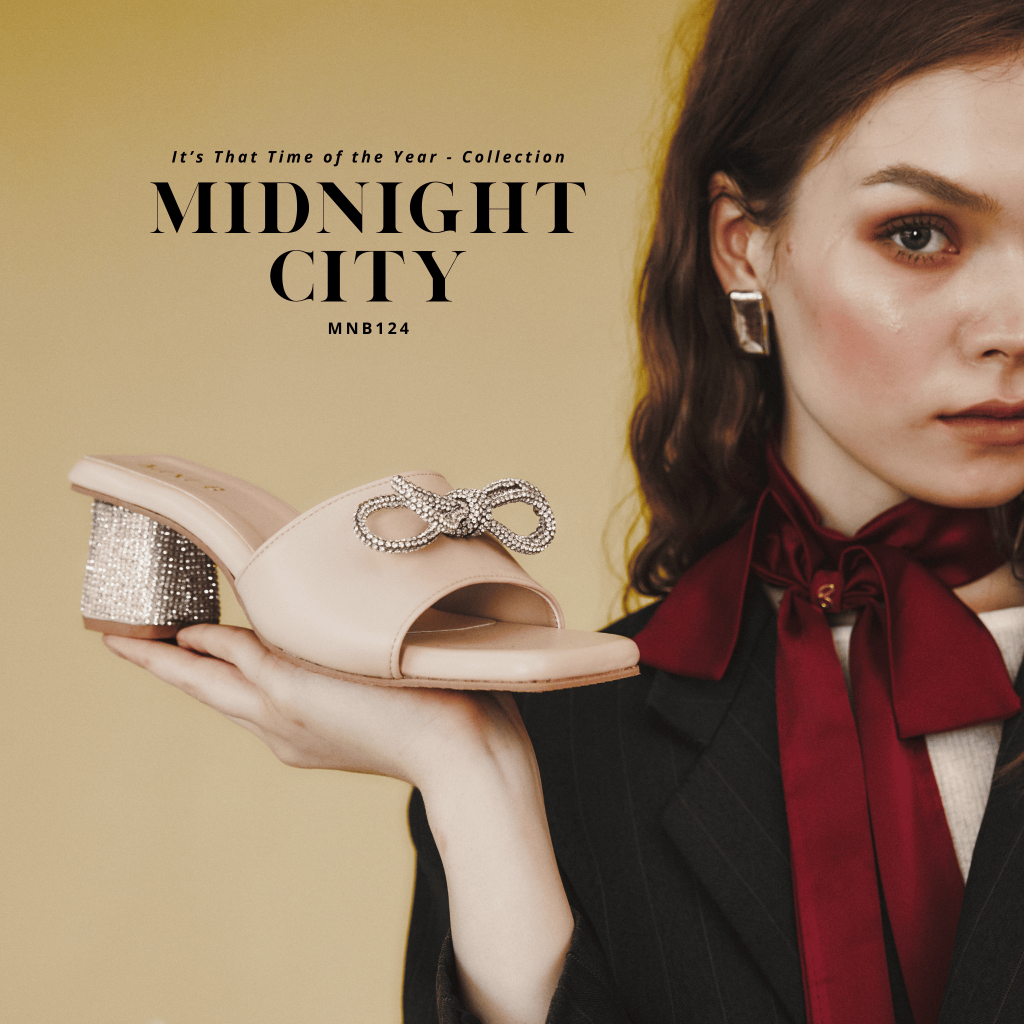 MiniB "Midnight City" #mnb124 - รองเท้าส้นสูงส้นเพชร เปิดปลายเท้า ประดับโบว์เพชร