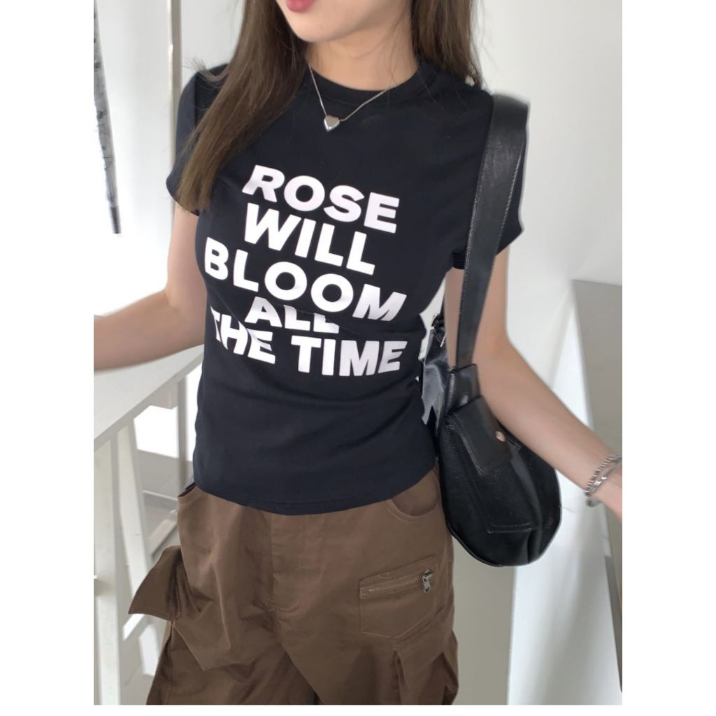 เสื้อครอปหญิง เสื้อยืดคอกลม สไตล์วินเทจ ผ้าคอตตอน100% เเบบลำลอง สาวฮอตต้องมี #020275 - รูปที่ 4