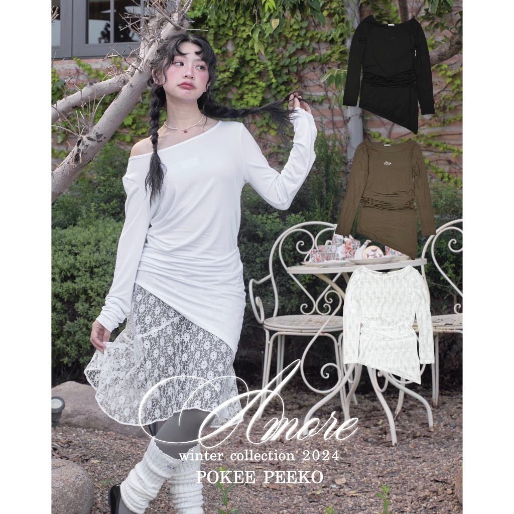 POKEE | AMORE เสื้อปาดไหล่ ทรงยาว ปลายตัดเฉียง มีสีพื้นเเละลูกไม้ (4color) *เฉพาะเเขนยาว