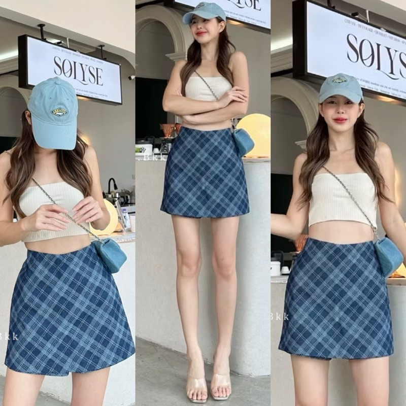 มาเพิ่ม✅กระโปรงกางเกงเอวสูงผ้ายีนส์ทอลายเก็บทรงสวยที่สุดจร้ามีS-2XL✅