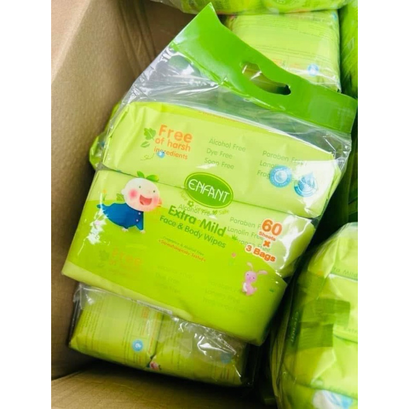 ENFANT (อองฟองต์) Extra Mild Face & Body Wipes ผ้าเช็ดทำความสะอาดแบบเปียก สูตรน้ำแร่บริสุทธิ์ 1แพ็ค/3ห่อ 60แผ่น/ห่อ